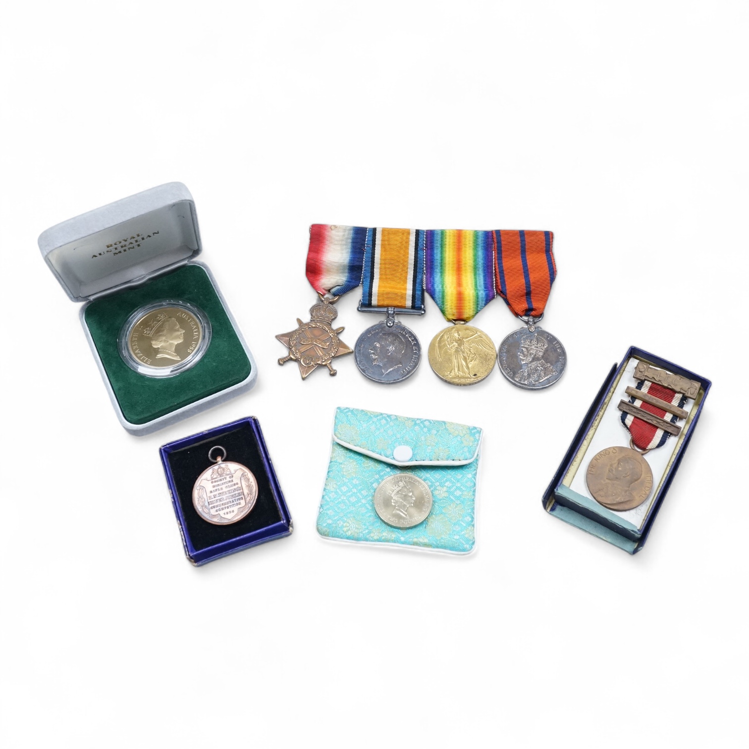A First World War medal group awarded to 16507 GNR. W.H. Meadows. R.G.A., comprising the medal trio together with the London Fire Brigade 1911 Coronation Medal, plus a London County Council King’s Medal with a clasp for
